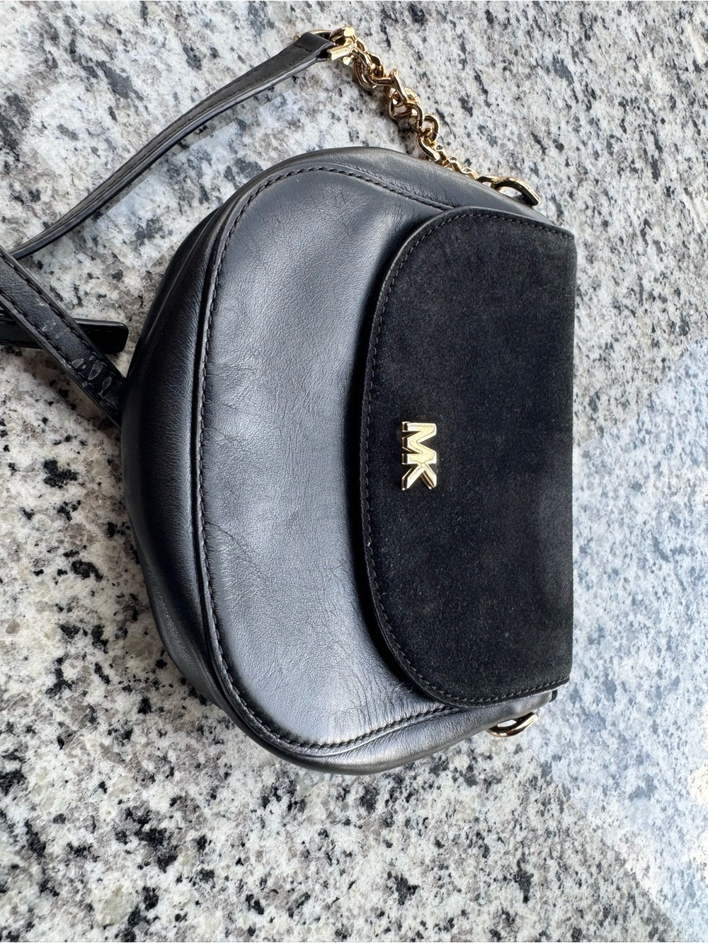 Michael Kors Black Leather & Suede Compact Crossbody with Gold Hardware